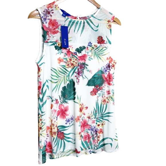 NWT APT 9 Womens Sleeveless Floral Print White Sheer Yoke Top Blouse M - Picture 2 of 16